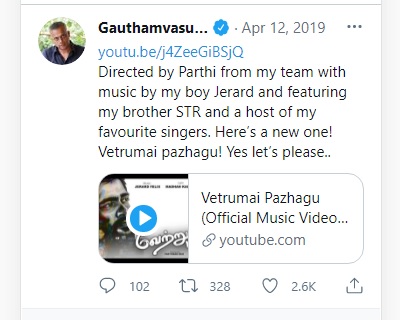 Directed by Parthi from my team with music by my boy Jerard and featuring my brother STR and a host of my favourite singers. Here’s a new one! Vetrumai pazhagu! Yes let’s please..